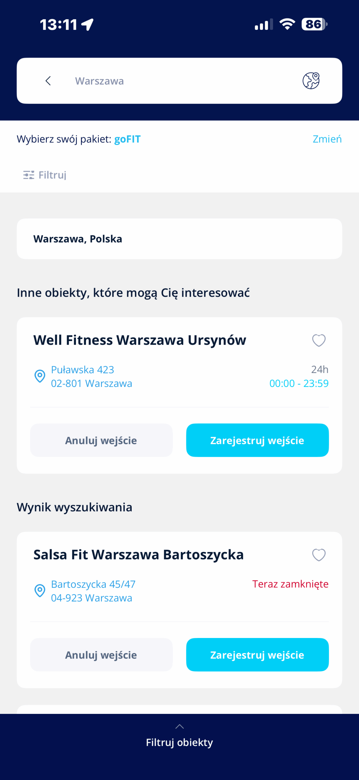 Aplikacja Medicover Sport - wyszukiwarka obiektów i rejestracja wejścia